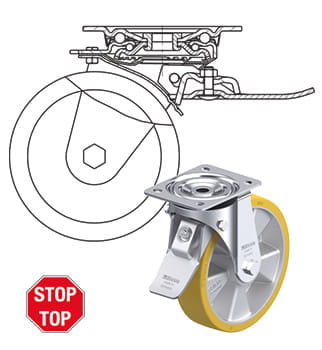 Blickle wheel and swivel head brake stop-top